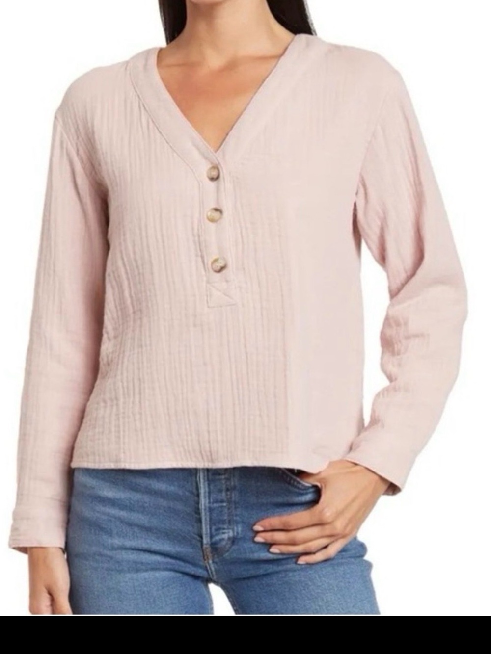 Madewell Pale Blush V-Neck Button Henley Long Sleeve Top